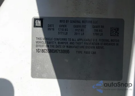 2017 Chevrolet Cruze Ls Auto z USA, uszkodzony, nr VIN 1G1BC5SM3H7130895